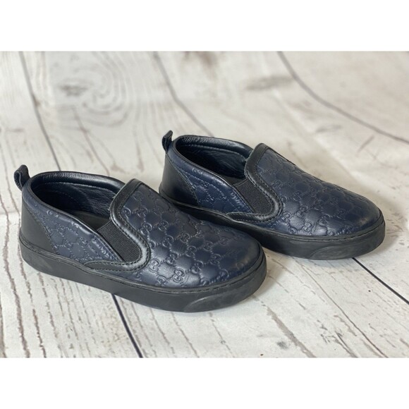 Authentic Gucci Kids GG Monogram Navy Leather Embossed Slip On Sneakers Sz 8(24)